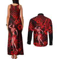 Hawaii Hula Girl Couples Matching Tank Maxi Dress and Long Sleeve Button Shirts Hibiscus Hawaii Tribal Tattoo Red Version LT01 - Polynesian Pride