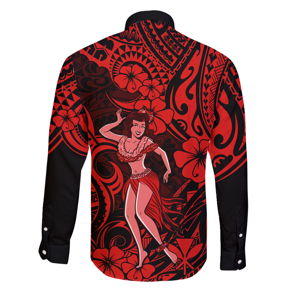 Hawaii Hula Girl Family Matching Long Sleeve Bodycon Dress and Hawaiian Shirt Hibiscus Hawaii Tribal Tattoo Red Version LT01 - Polynesian Pride
