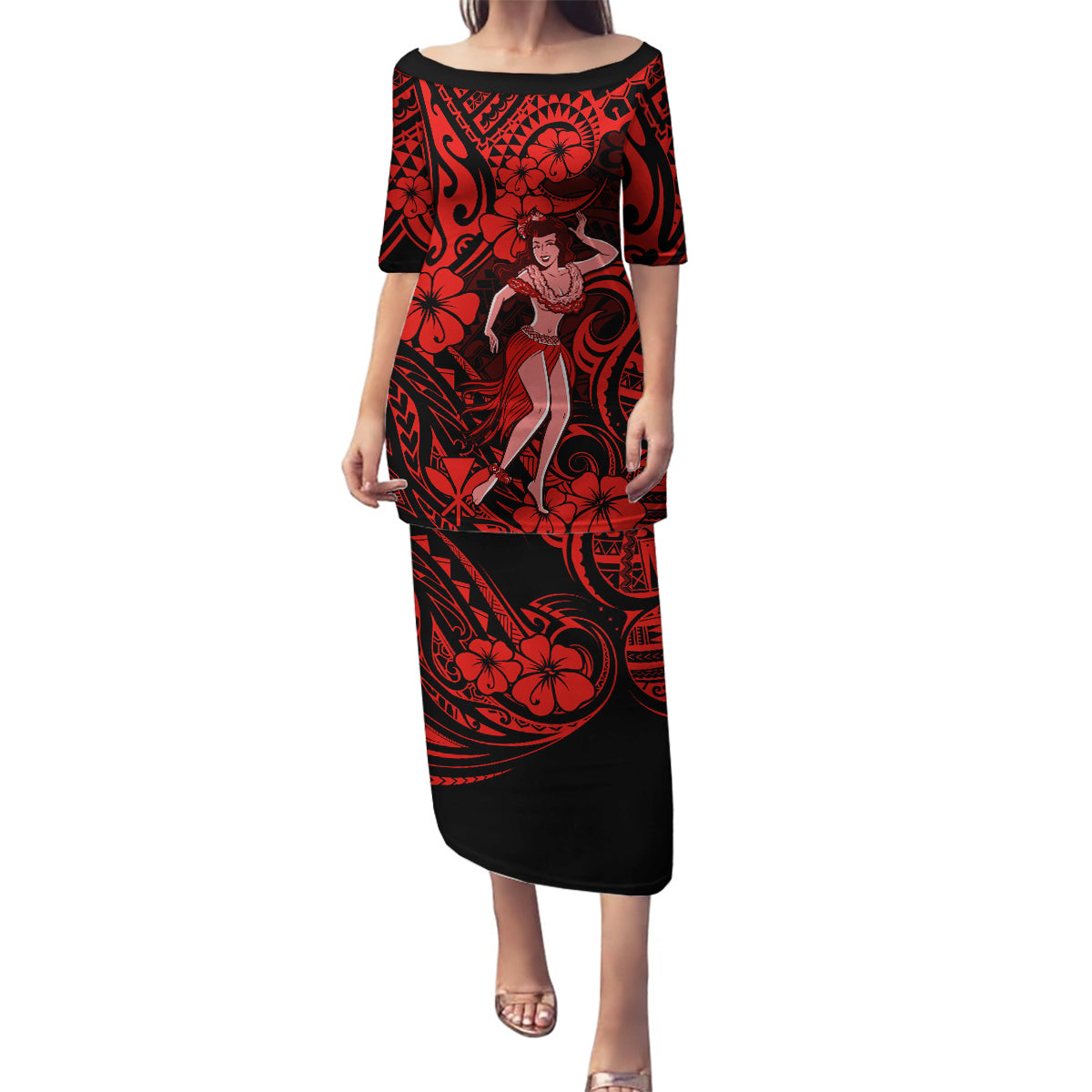 Hawaii Hula Girl Family Matching Puletasi Dress and Hawaiian Shirt Hibiscus Hawaii Tribal Tattoo Red Version LT01 Mom's Dress Red - Polynesian Pride