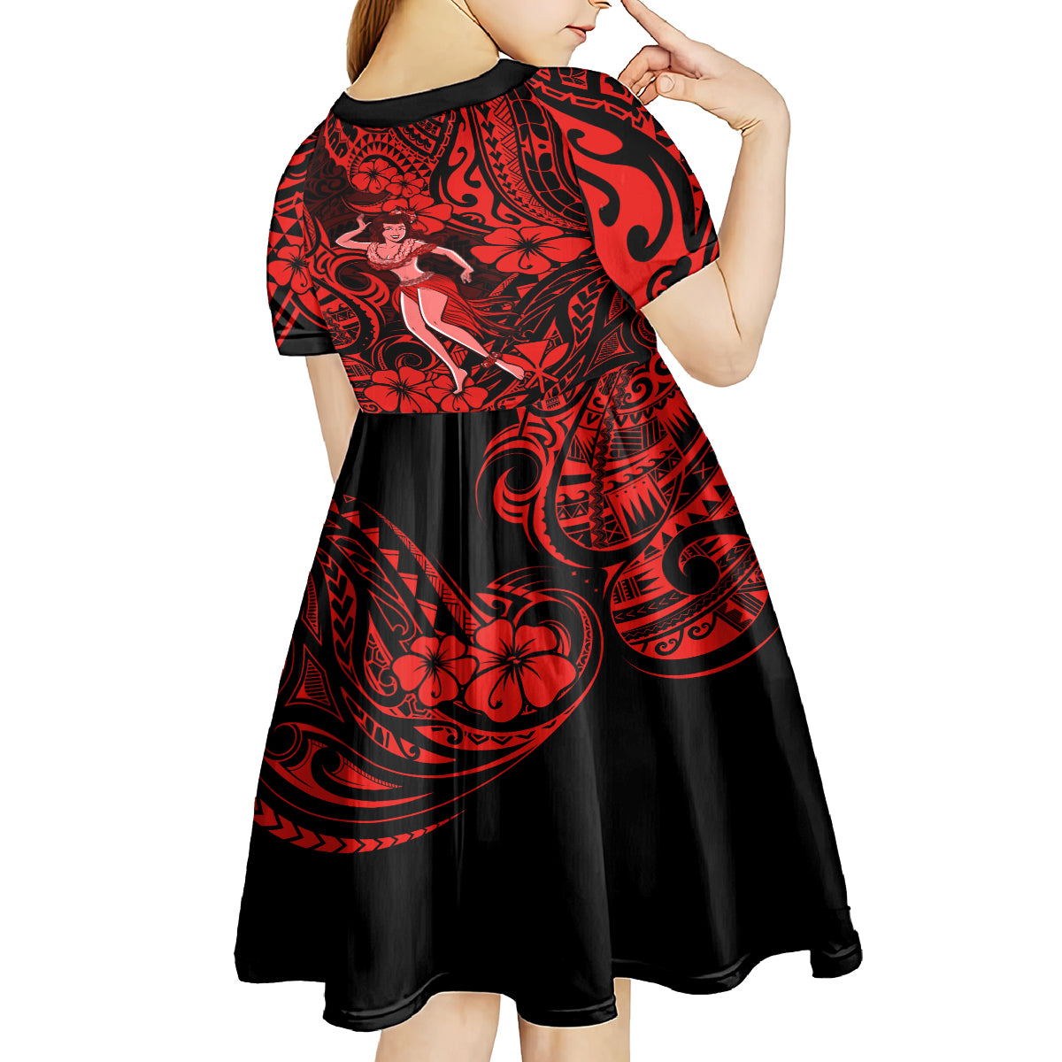 Hawaii Hula Girl Kid Short Sleeve Dress Hibiscus Hawaii Tribal Tattoo Red Version LT01 - Polynesian Pride