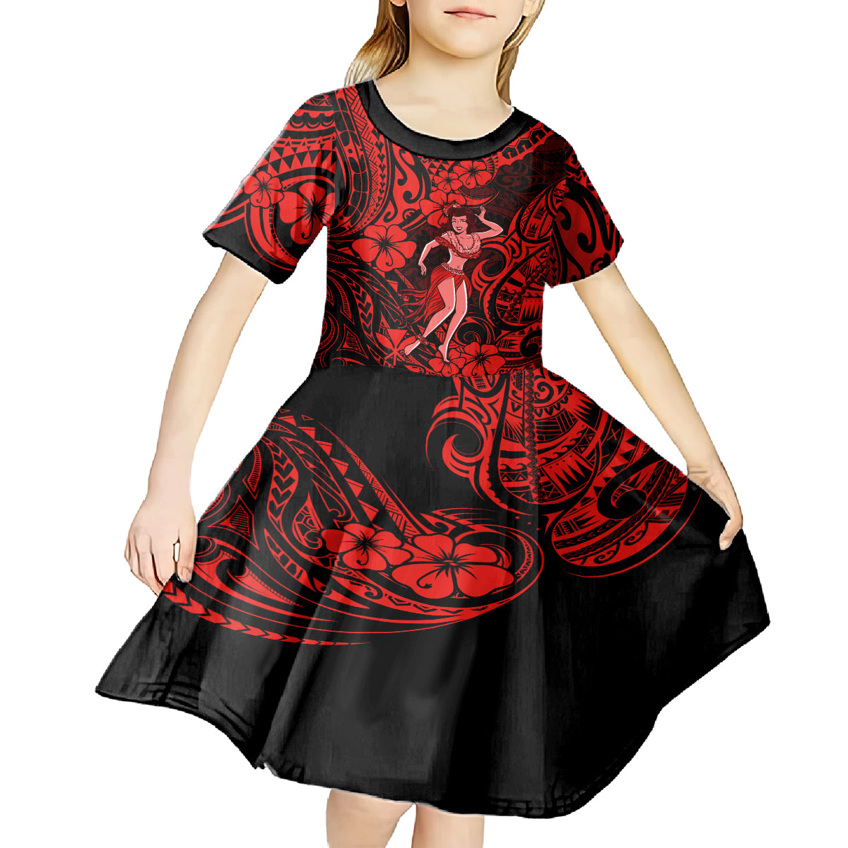 Hawaii Hula Girl Kid Short Sleeve Dress Hibiscus Hawaii Tribal Tattoo Red Version LT01 - Polynesian Pride
