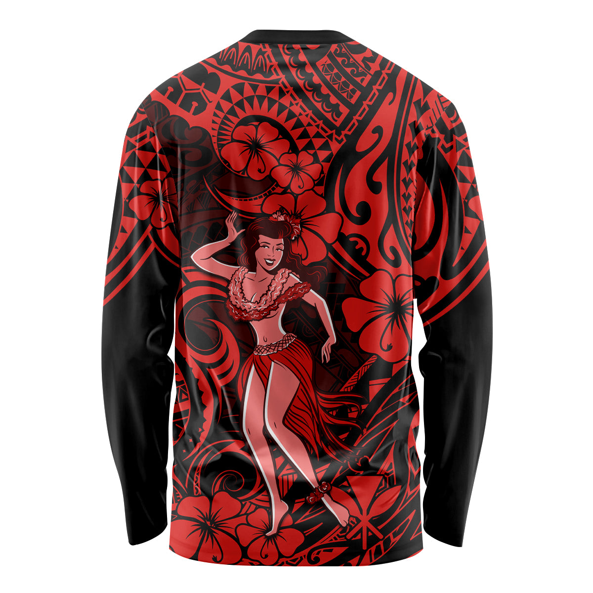 Hawaii Hula Girl Long Sleeve Shirt Hibiscus Hawaii Tribal Tattoo Red Version LT01 - Polynesian Pride