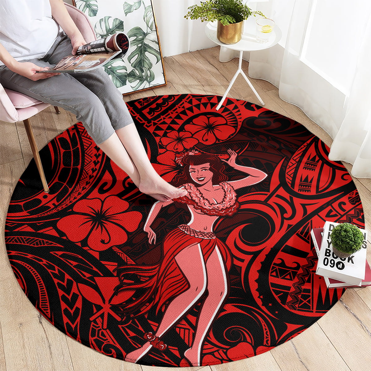 Hawaii Hula Girl Round Carpet Hibiscus Hawaii Tribal Tattoo Red Version LT01 - Polynesian Pride