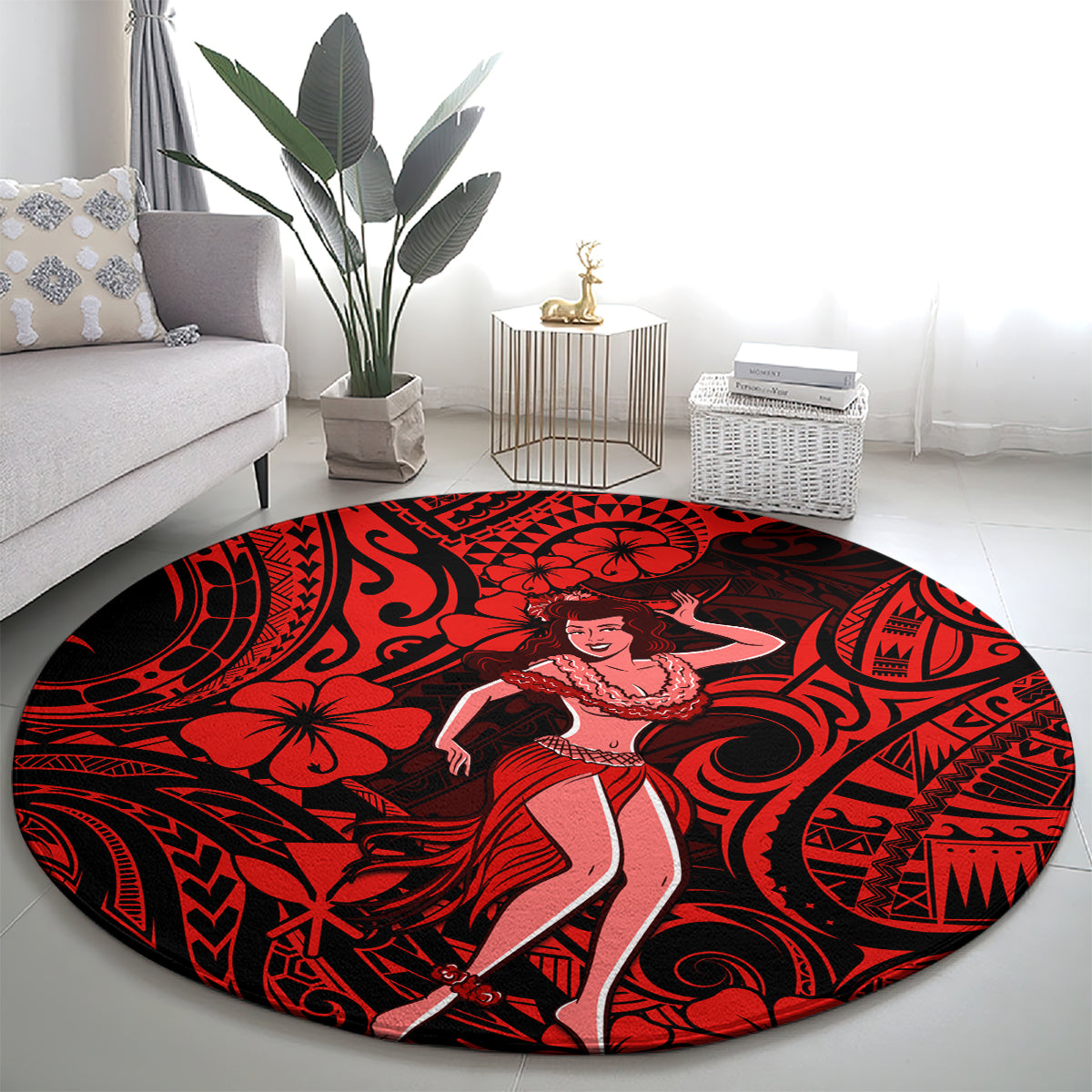 Hawaii Hula Girl Round Carpet Hibiscus Hawaii Tribal Tattoo Red Version LT01 - Polynesian Pride