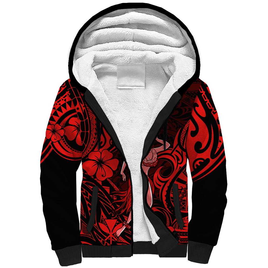 Hawaii Hula Girl Sherpa Hoodie Hibiscus Hawaii Tribal Tattoo Red Version LT01 Unisex Red - Polynesian Pride