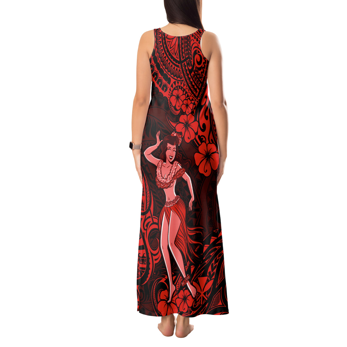 Hawaii Hula Girl Tank Maxi Dress Hibiscus Hawaii Tribal Tattoo Red Version LT01 - Polynesian Pride