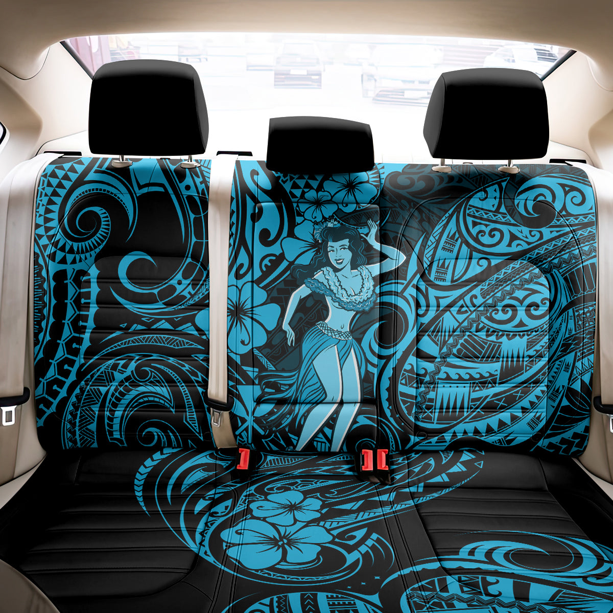 Hawaii Hula Girl Back Car Seat Cover Hibiscus Hawaii Tribal Tattoo Sky Blue Version