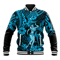 Hawaii Hula Girl Baseball Jacket Hibiscus Hawaii Tribal Tattoo Sky Blue Version LT01 Unisex Blue - Polynesian Pride