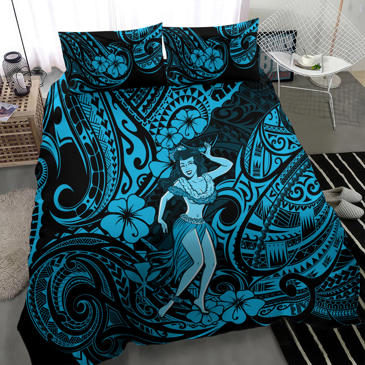 Hawaii Hula Girl Bedding Set Hibiscus Hawaii Tribal Tattoo Sky Blue Version LT01 - Polynesian Pride