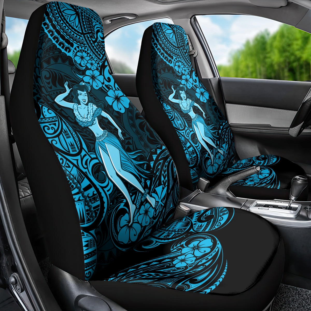 Hawaii Hula Girl Car Seat Cover Hibiscus Hawaii Tribal Tattoo Sky Blue Version LT01 - Polynesian Pride
