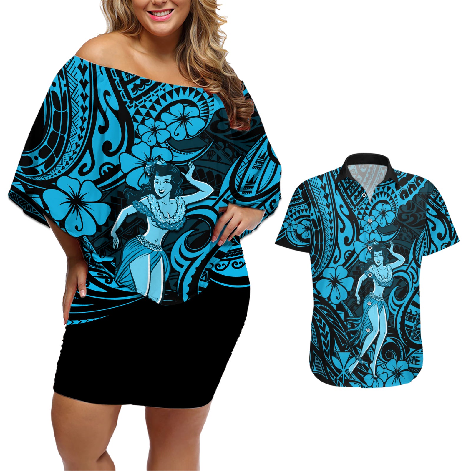 Hawaii Hula Girl Couples Matching Off Shoulder Short Dress and Hawaiian Shirt Hibiscus Hawaii Tribal Tattoo Sky Blue Version LT01 Blue - Polynesian Pride