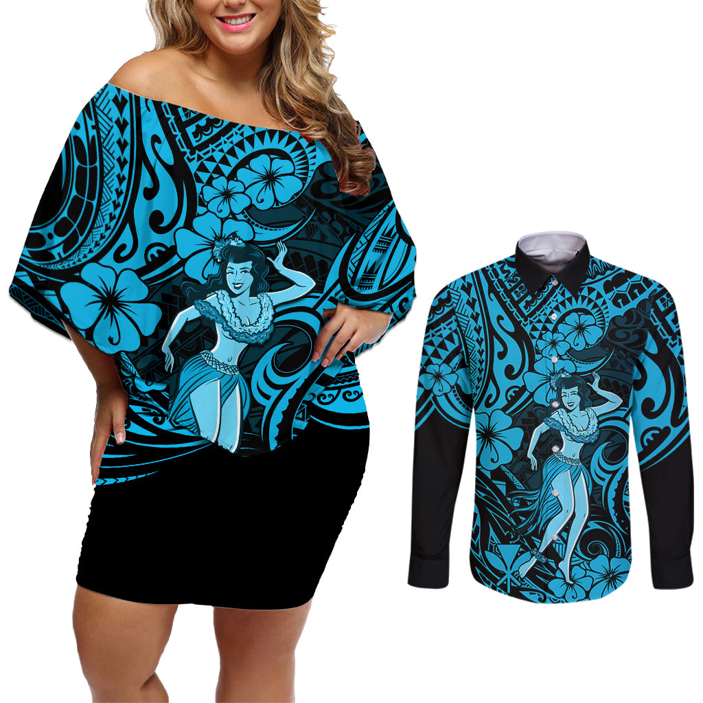 Hawaii Hula Girl Couples Matching Off Shoulder Short Dress and Long Sleeve Button Shirts Hibiscus Hawaii Tribal Tattoo Sky Blue Version LT01 Blue - Polynesian Pride