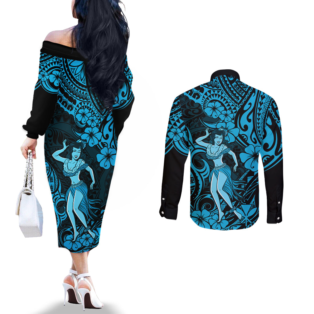Hawaii Hula Girl Couples Matching Off The Shoulder Long Sleeve Dress and Long Sleeve Button Shirts Hibiscus Hawaii Tribal Tattoo Sky Blue Version LT01 - Polynesian Pride
