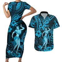 Hawaii Hula Girl Couples Matching Short Sleeve Bodycon Dress and Hawaiian Shirt Hibiscus Hawaii Tribal Tattoo Sky Blue Version LT01 Blue - Polynesian Pride