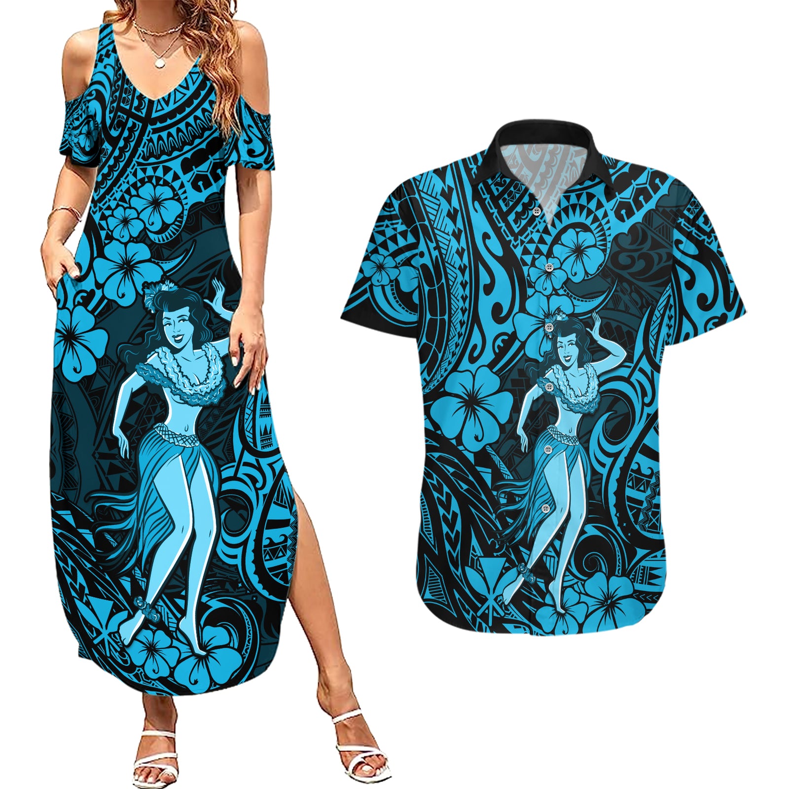 Hawaii Hula Girl Couples Matching Summer Maxi Dress and Hawaiian Shirt Hibiscus Hawaii Tribal Tattoo Sky Blue Version LT01 Blue - Polynesian Pride