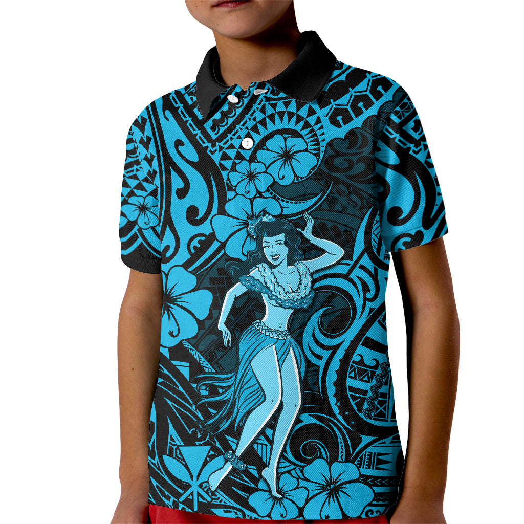 Hawaii Hula Girl Kid Polo Shirt Hibiscus Hawaii Tribal Tattoo Sky Blue Version LT01 Kid Blue - Polynesian Pride