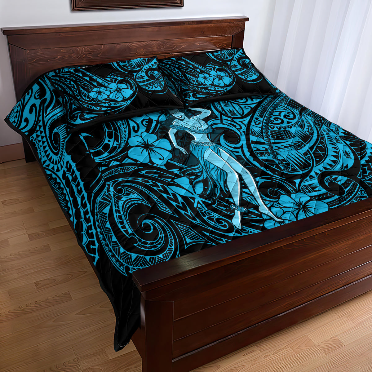 Hawaii Hula Girl Quilt Bed Set Hibiscus Hawaii Tribal Tattoo Sky Blue Version LT01 - Polynesian Pride