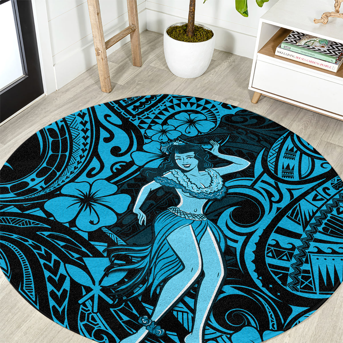 Hawaii Hula Girl Round Carpet Hibiscus Hawaii Tribal Tattoo Sky Blue Version LT01 Blue - Polynesian Pride