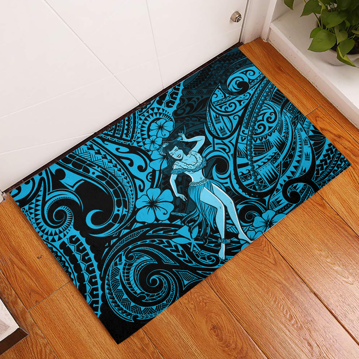 Hawaii Hula Girl Rubber Doormat Hibiscus Hawaii Tribal Tattoo Sky Blue Version LT01 Blue - Polynesian Pride