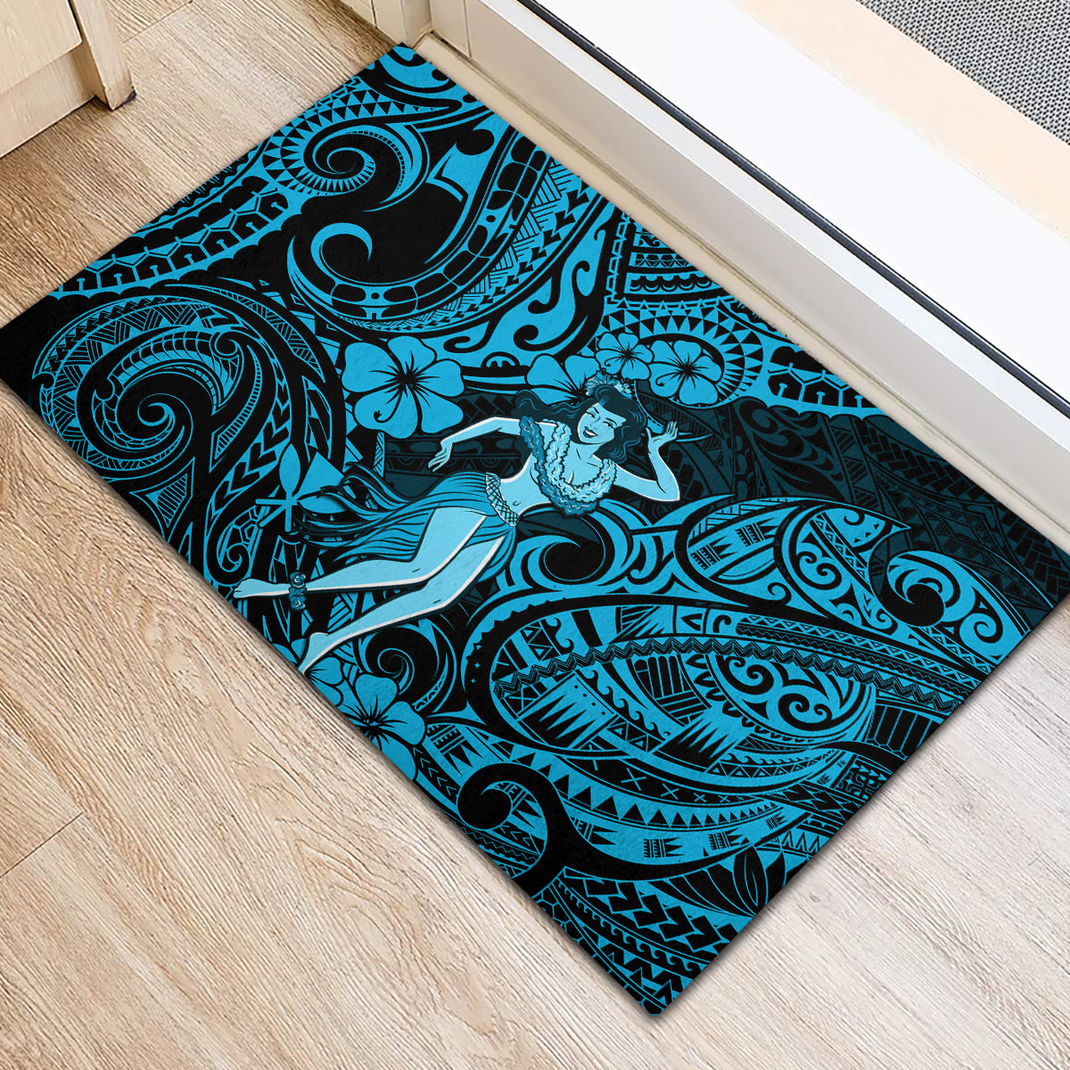 Hawaii Hula Girl Rubber Doormat Hibiscus Hawaii Tribal Tattoo Sky Blue Version LT01 - Polynesian Pride