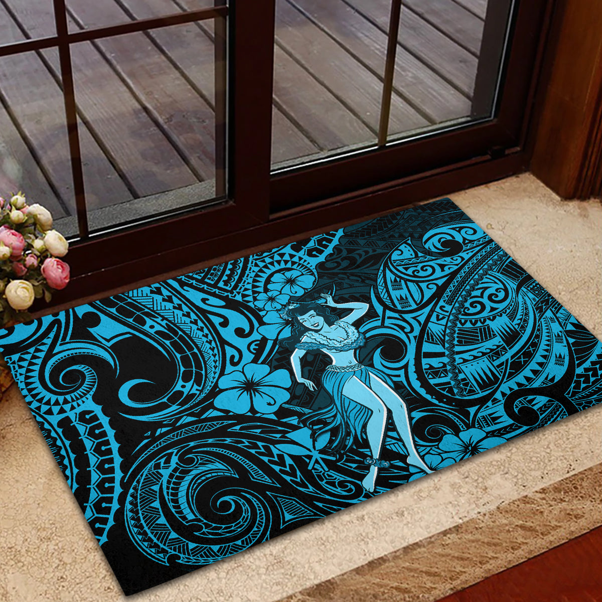Hawaii Hula Girl Rubber Doormat Hibiscus Hawaii Tribal Tattoo Sky Blue Version LT01 - Polynesian Pride