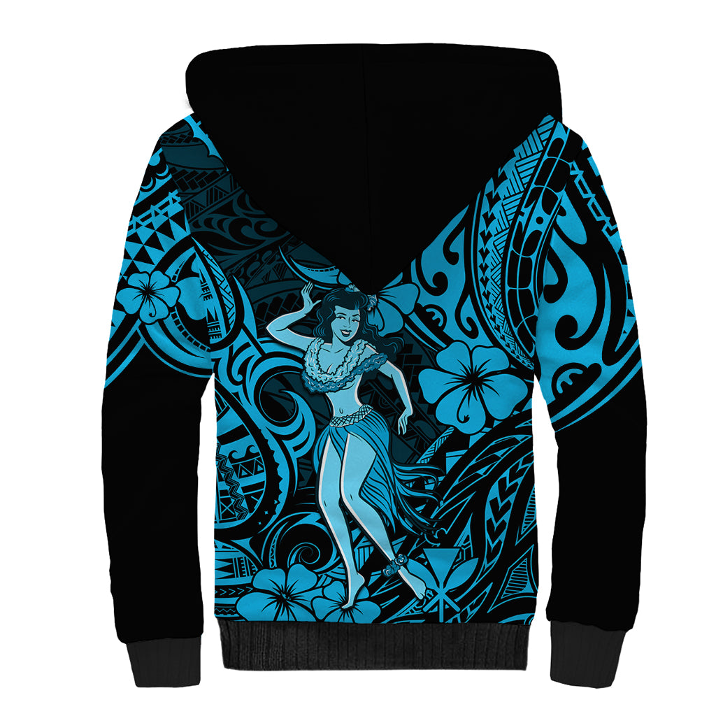 Hawaii Hula Girl Sherpa Hoodie Hibiscus Hawaii Tribal Tattoo Sky Blue Version LT01 - Polynesian Pride