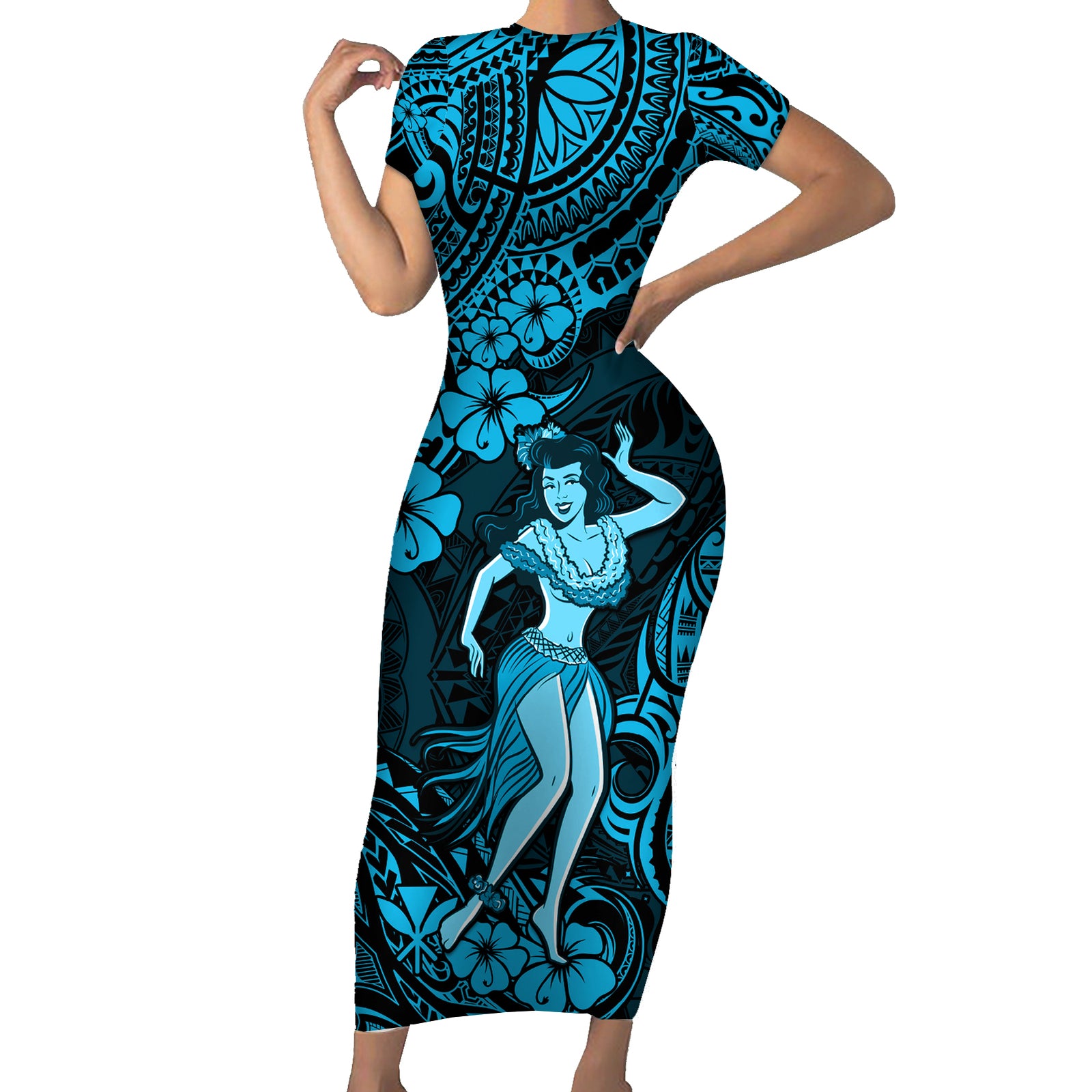 Hawaii Hula Girl Short Sleeve Bodycon Dress Hibiscus Hawaii Tribal Tattoo Sky Blue Version LT01 Long Dress Blue - Polynesian Pride