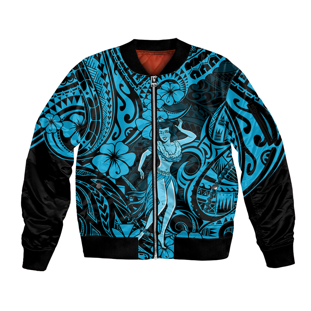 Hawaii Hula Girl Sleeve Zip Bomber Jacket Hibiscus Hawaii Tribal Tattoo Sky Blue Version LT01 Unisex Blue - Polynesian Pride