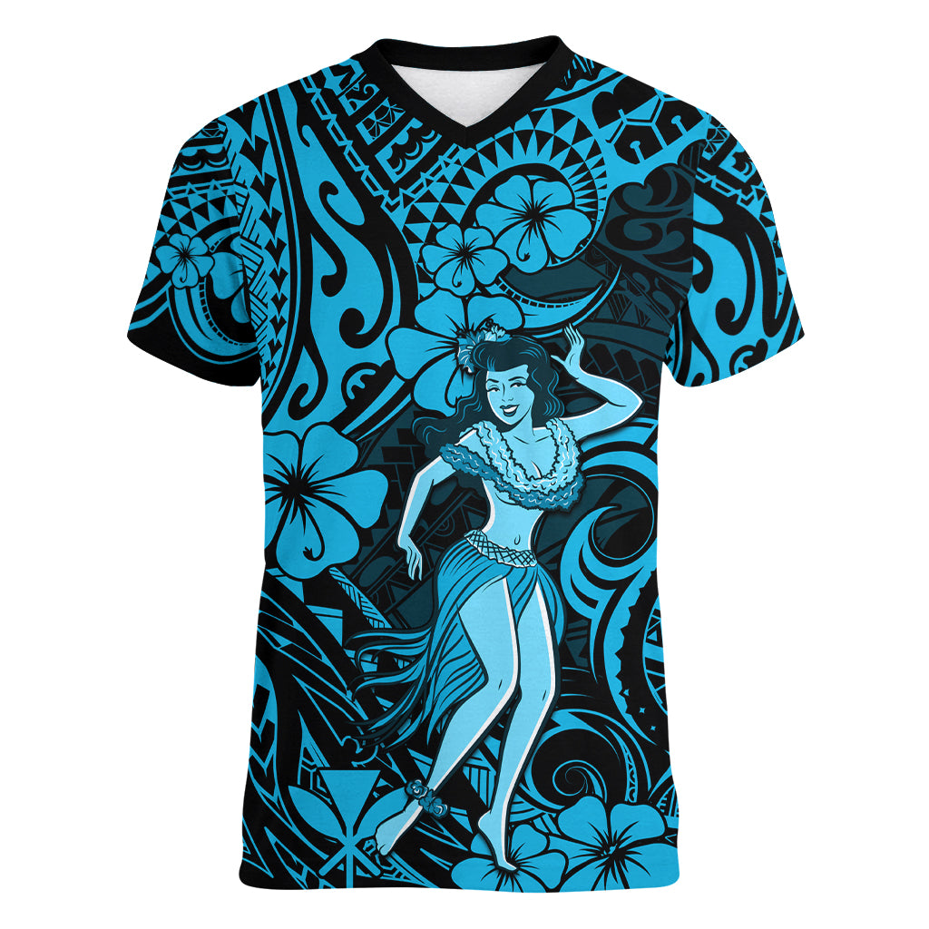 Hawaii Hula Girl Women V Neck T Shirt Hibiscus Hawaii Tribal Tattoo Sky Blue Version LT01 Female Blue - Polynesian Pride
