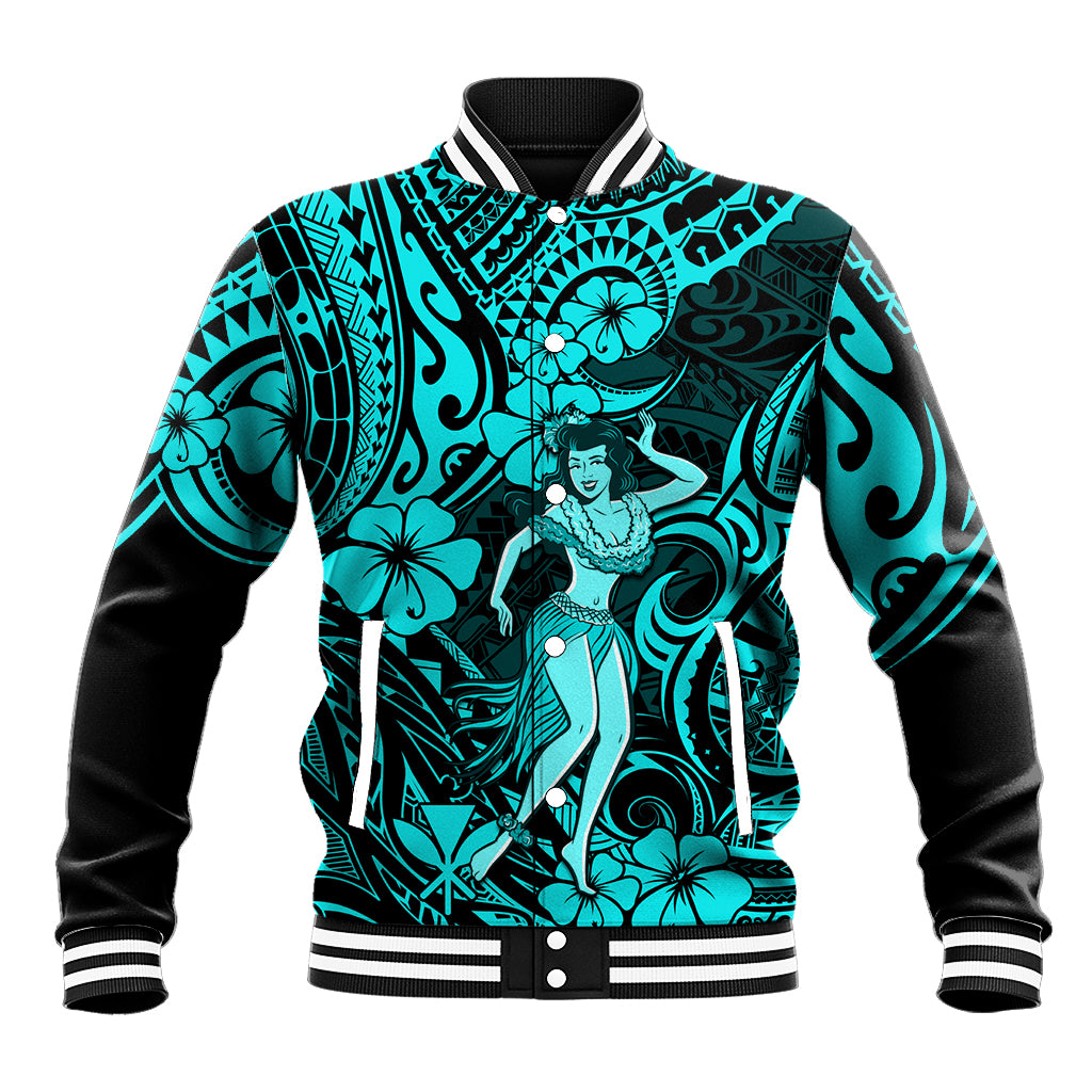 Hawaii Hula Girl Baseball Jacket Hibiscus Hawaii Tribal Tattoo Turquoise Version LT01 Unisex Turquoise - Polynesian Pride
