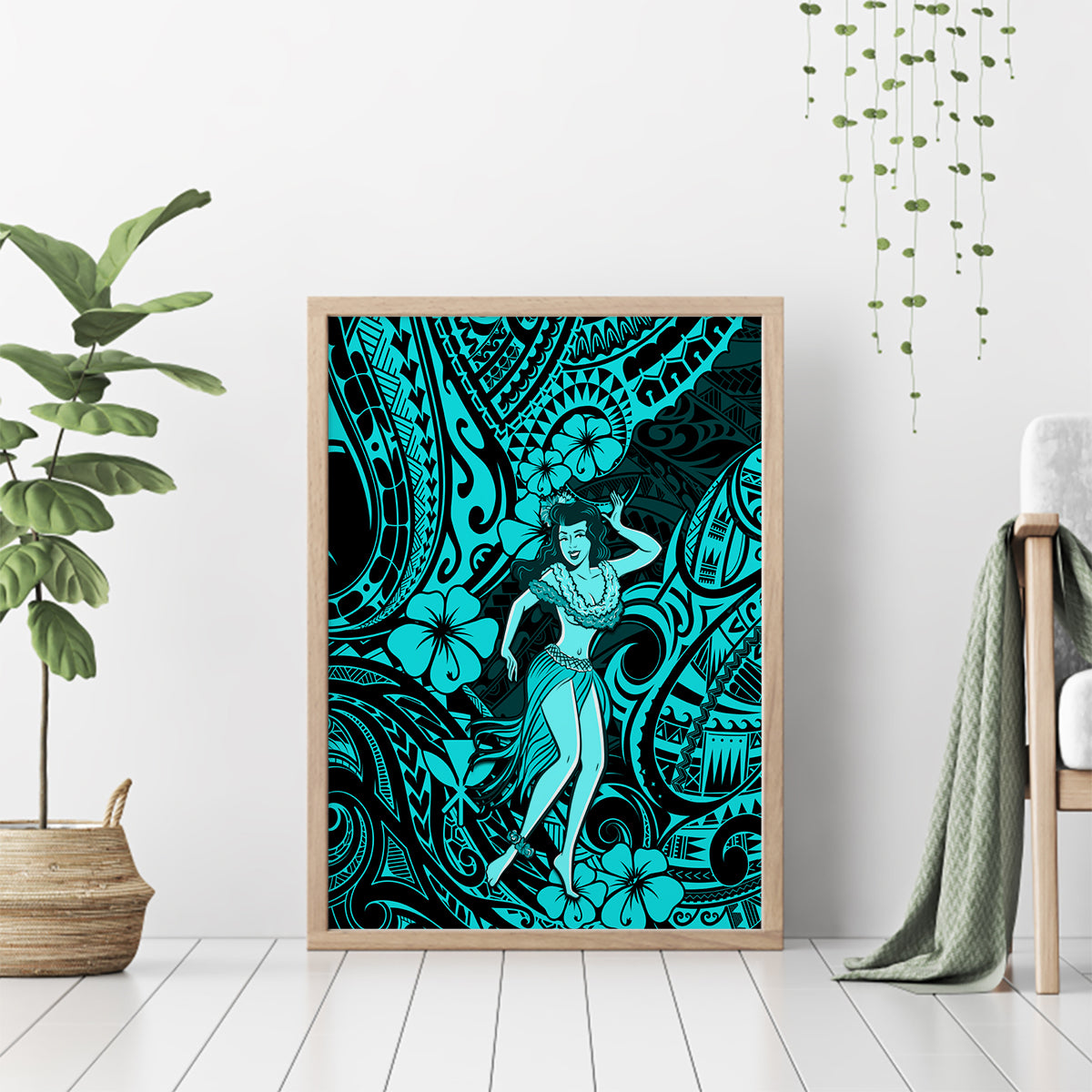 Hawaii Hula Girl Canvas Wall Art Hibiscus Hawaii Tribal Tattoo Turquoise Version LT01 - Polynesian Pride