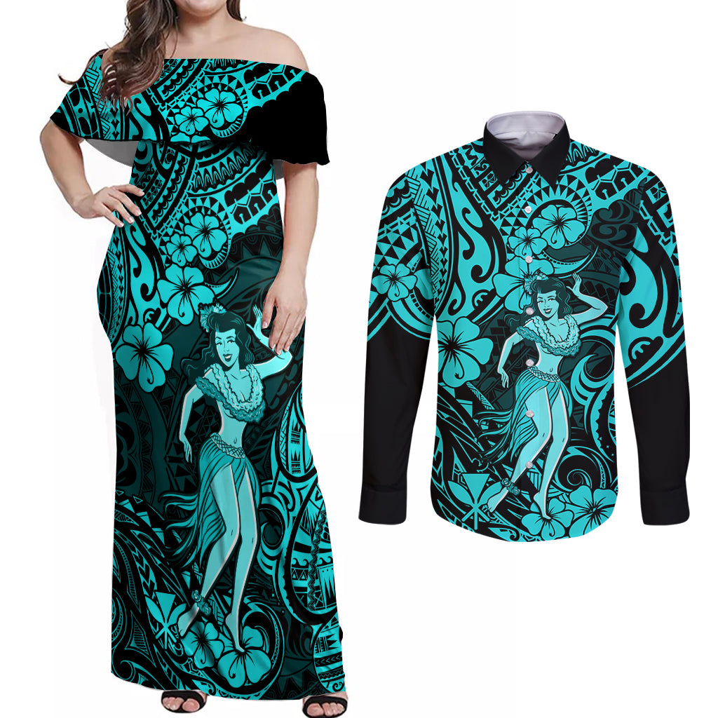 Hawaii Hula Girl Couples Matching Off Shoulder Maxi Dress and Long Sleeve Button Shirts Hibiscus Hawaii Tribal Tattoo Turquoise Version LT01 Turquoise - Polynesian Pride