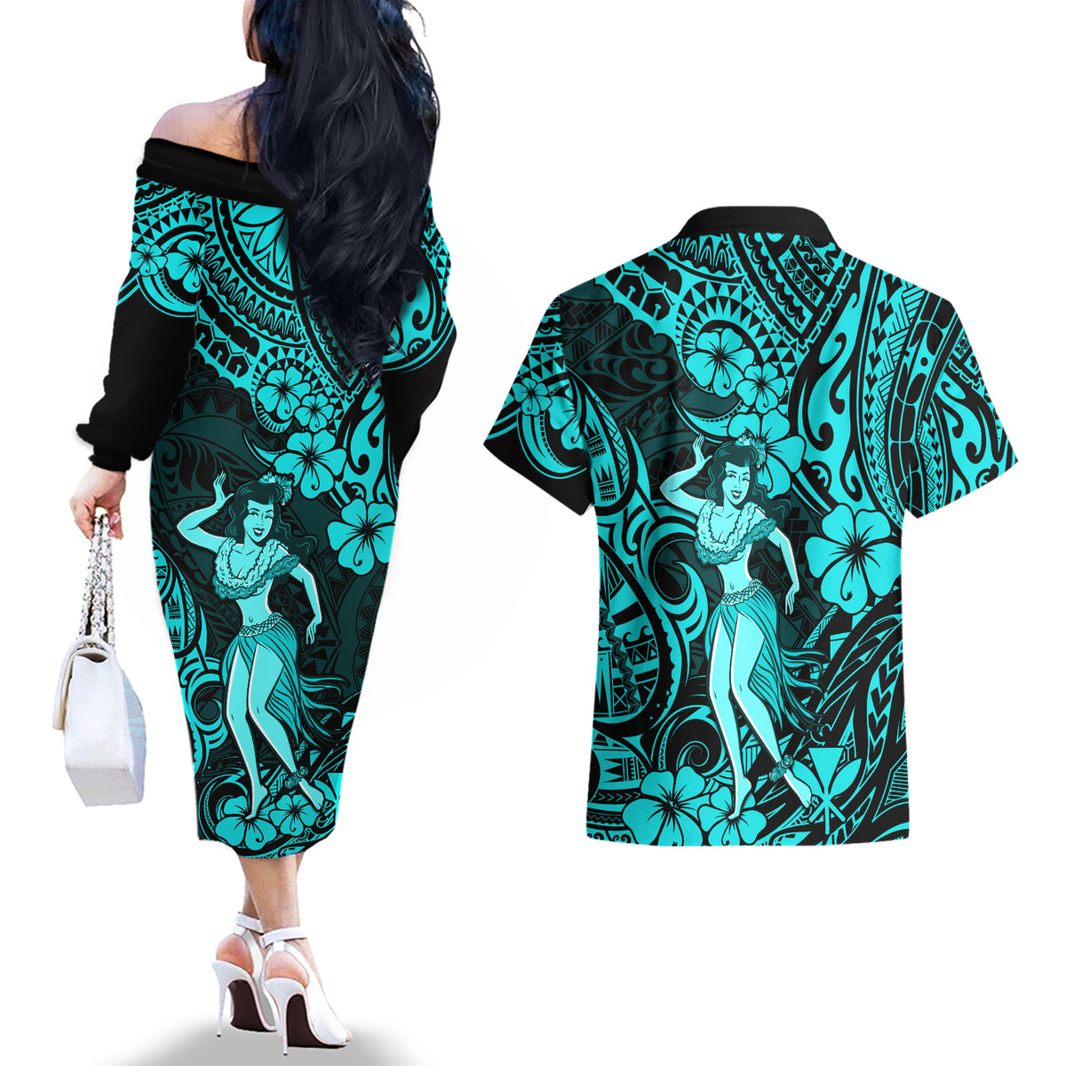Hawaii Hula Girl Couples Matching Off The Shoulder Long Sleeve Dress and Hawaiian Shirt Hibiscus Hawaii Tribal Tattoo Turquoise Version LT01 - Polynesian Pride