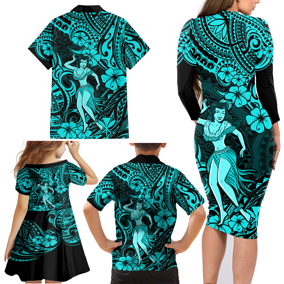 Hawaii Hula Girl Family Matching Long Sleeve Bodycon Dress and Hawaiian Shirt Hibiscus Hawaii Tribal Tattoo Turquoise Version LT01 - Polynesian Pride