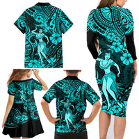 Hawaii Hula Girl Family Matching Long Sleeve Bodycon Dress and Hawaiian Shirt Hibiscus Hawaii Tribal Tattoo Turquoise Version LT01 - Polynesian Pride