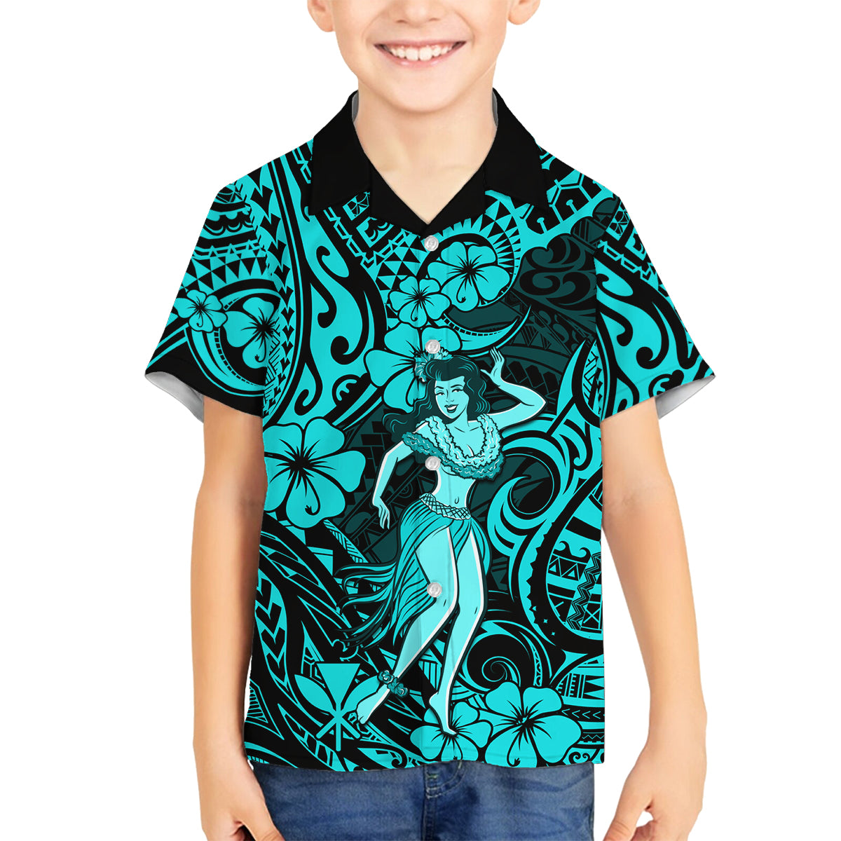 Hawaii Hula Girl Family Matching Off Shoulder Maxi Dress and Hawaiian Shirt Hibiscus Hawaii Tribal Tattoo Turquoise Version LT01 Son's Shirt Turquoise - Polynesian Pride