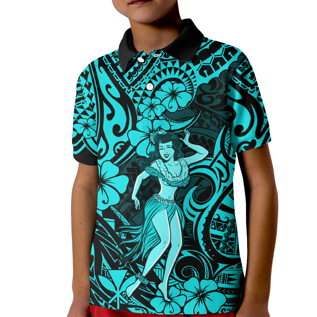 Hawaii Hula Girl Kid Polo Shirt Hibiscus Hawaii Tribal Tattoo Turquoise Version LT01 Kid Turquoise - Polynesian Pride