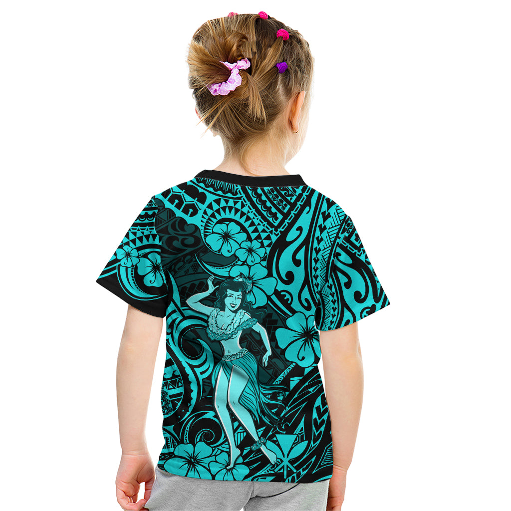 Hawaii Hula Girl Kid T Shirt Hibiscus Hawaii Tribal Tattoo Turquoise Version LT01 - Polynesian Pride