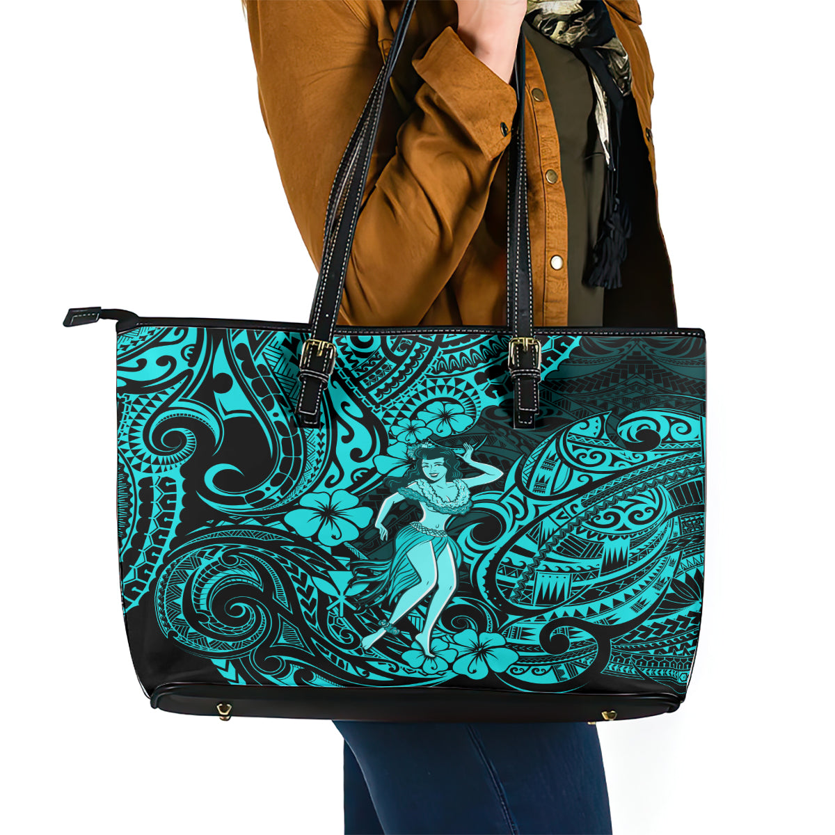 Hawaii Hula Girl Leather Tote Bag Hibiscus Hawaii Tribal Tattoo Turquoise Version LT01 - Polynesian Pride