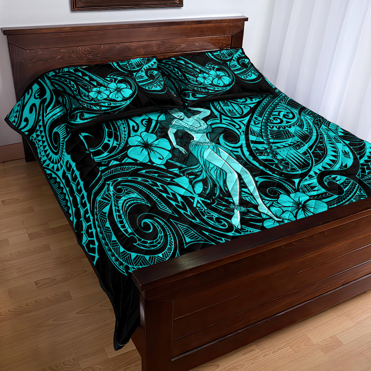 Hawaii Hula Girl Quilt Bed Set Hibiscus Hawaii Tribal Tattoo Turquoise Version LT01 - Polynesian Pride