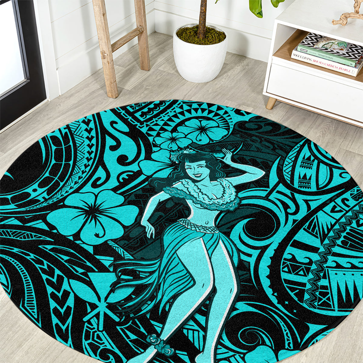 Hawaii Hula Girl Round Carpet Hibiscus Hawaii Tribal Tattoo Turquoise Version LT01 Turquoise - Polynesian Pride