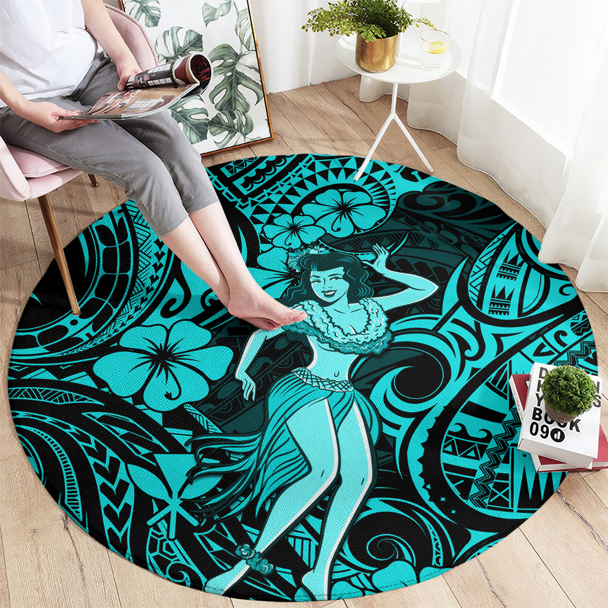 Hawaii Hula Girl Round Carpet Hibiscus Hawaii Tribal Tattoo Turquoise Version LT01 - Polynesian Pride