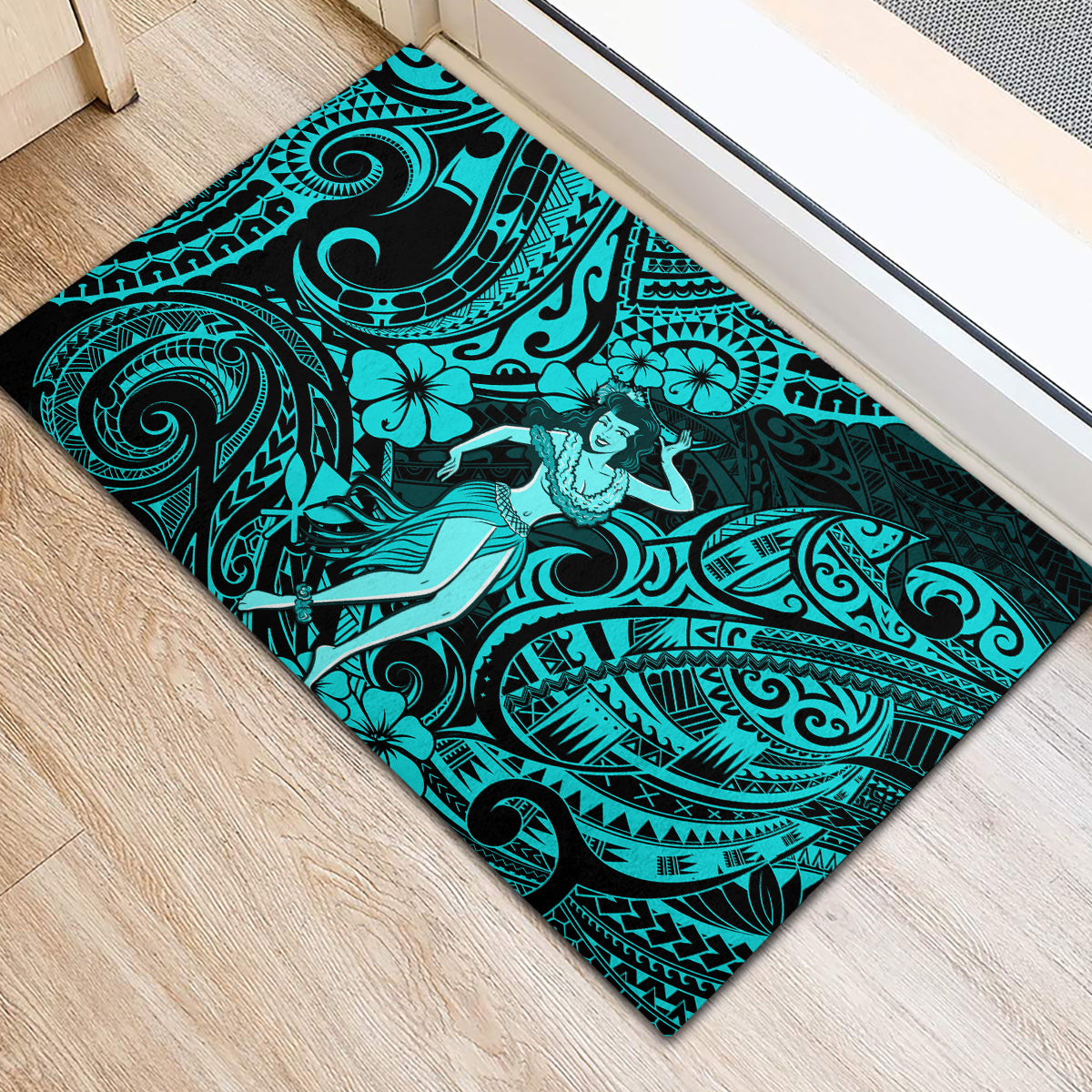 Hawaii Hula Girl Rubber Doormat Hibiscus Hawaii Tribal Tattoo Turquoise Version LT01 - Polynesian Pride