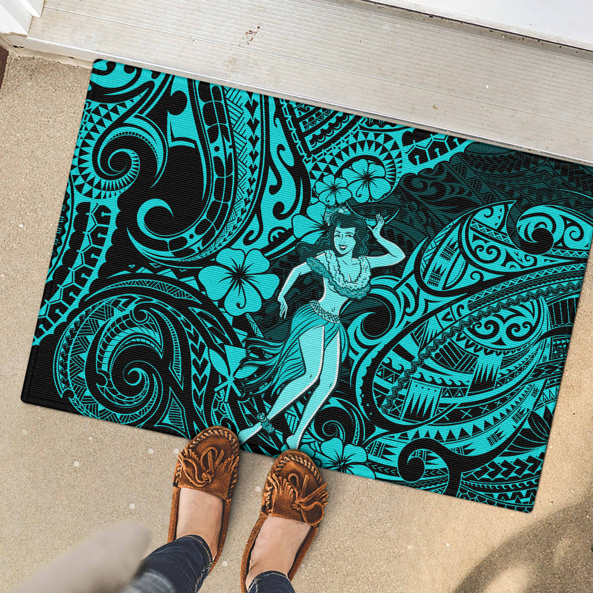 Hawaii Hula Girl Rubber Doormat Hibiscus Hawaii Tribal Tattoo Turquoise Version LT01 - Polynesian Pride