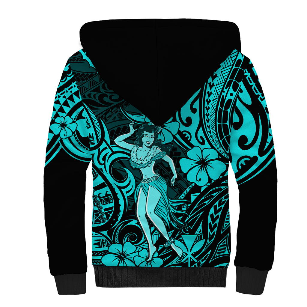 Hawaii Hula Girl Sherpa Hoodie Hibiscus Hawaii Tribal Tattoo Turquoise Version LT01 - Polynesian Pride