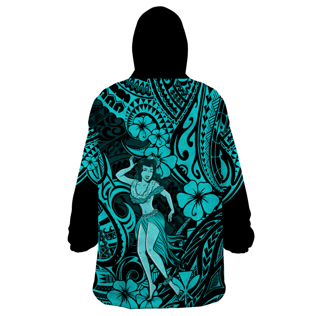 Hawaii Hula Girl Wearable Blanket Hoodie Hibiscus Hawaii Tribal Tattoo Turquoise Version LT01 - Polynesian Pride