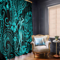 Hawaii Hula Girl Window Curtain Hibiscus Hawaii Tribal Tattoo Turquoise Version LT01 Hooks Turquoise - Polynesian Pride