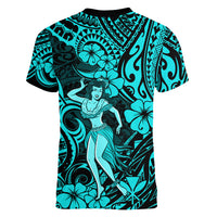Hawaii Hula Girl Women V Neck T Shirt Hibiscus Hawaii Tribal Tattoo Turquoise Version LT01 - Polynesian Pride