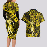 Hawaii Hula Girl Couples Matching Long Sleeve Bodycon Dress and Hawaiian Shirt Hibiscus Hawaii Tribal Tattoo Yellow Version LT01 - Polynesian Pride
