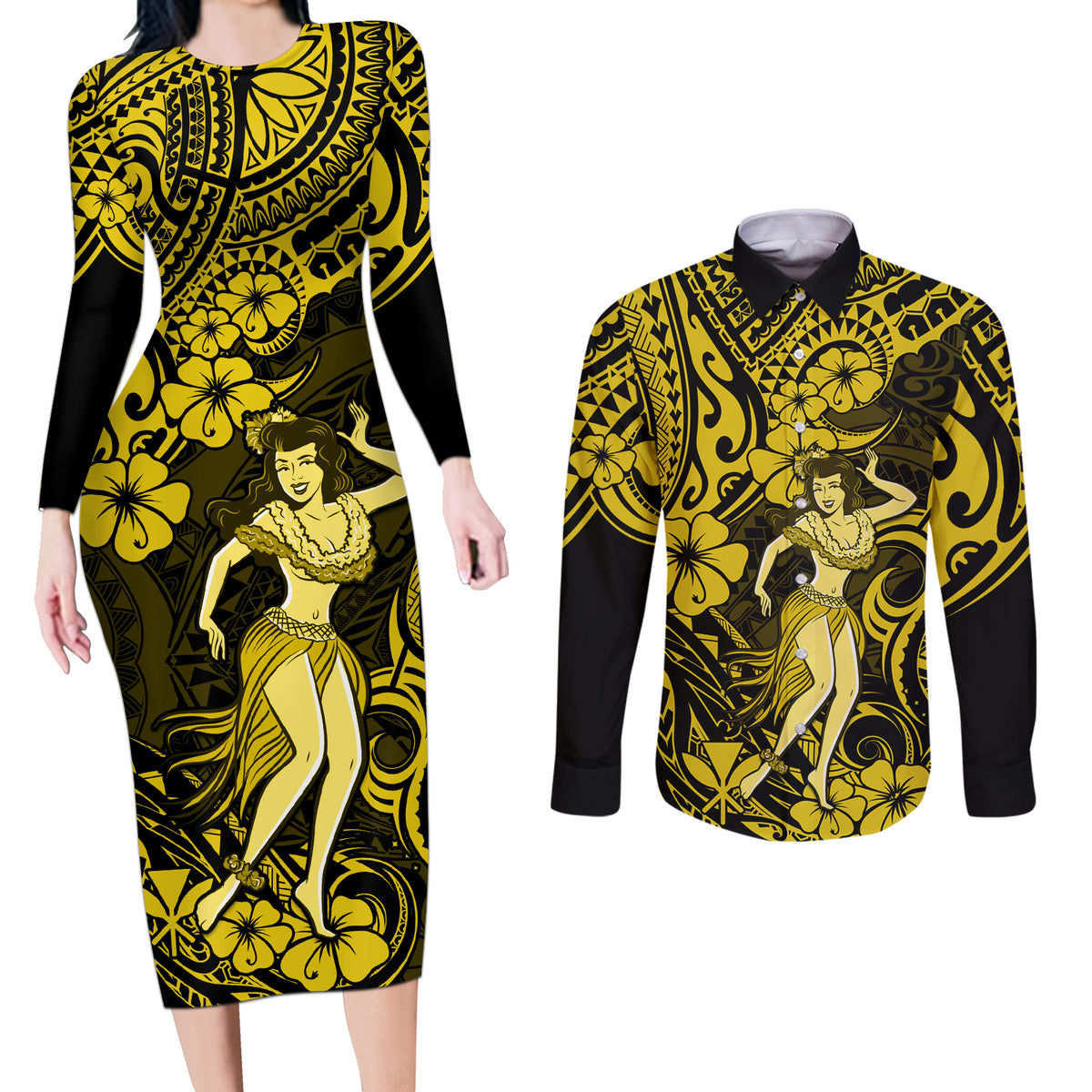 Hawaii Hula Girl Couples Matching Long Sleeve Bodycon Dress and Long Sleeve Button Shirts Hibiscus Hawaii Tribal Tattoo Yellow Version LT01 Yellow - Polynesian Pride